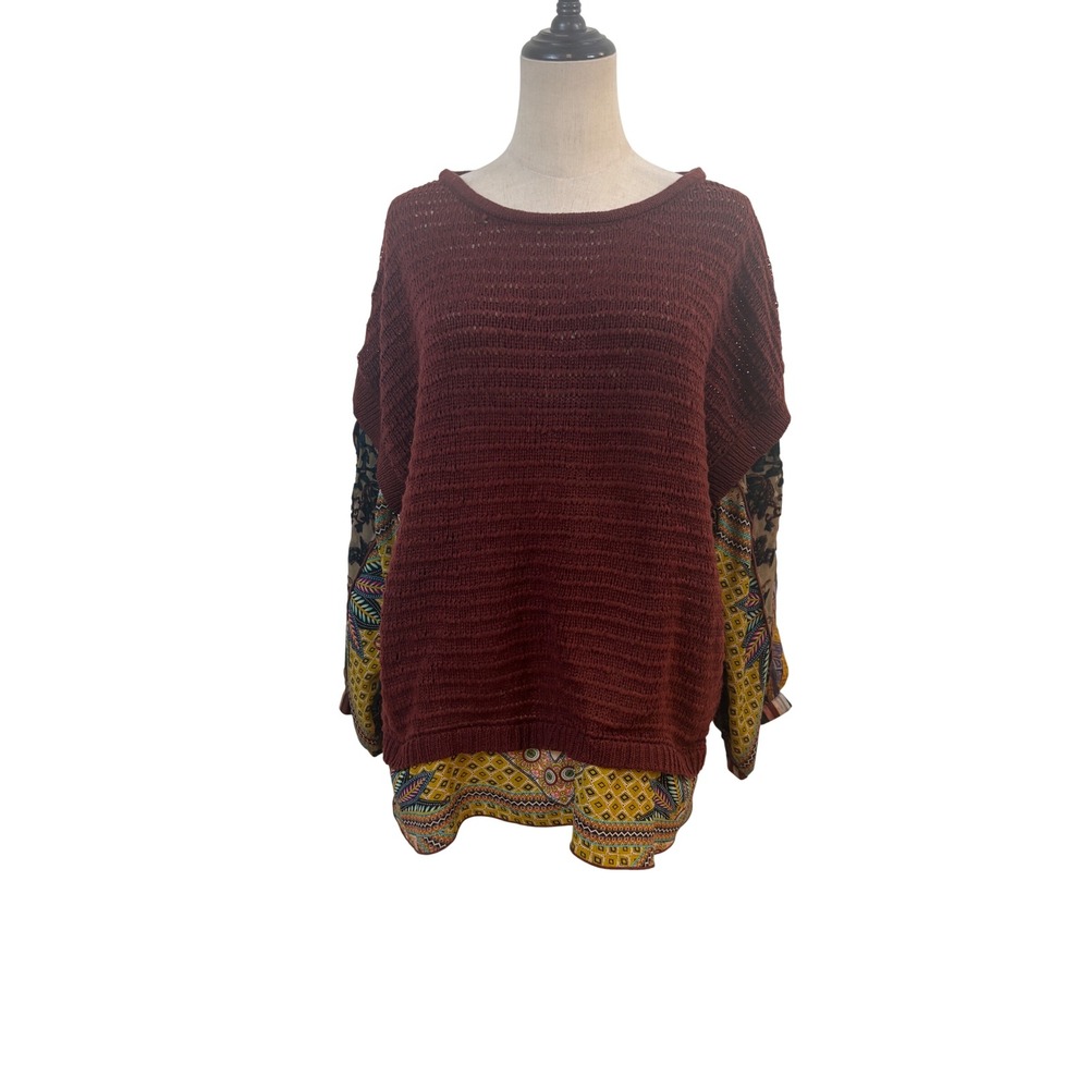 John‎ Mark Mixed Media Sweater Women XL Burgundy Santa fe Boho Knit Layered Top